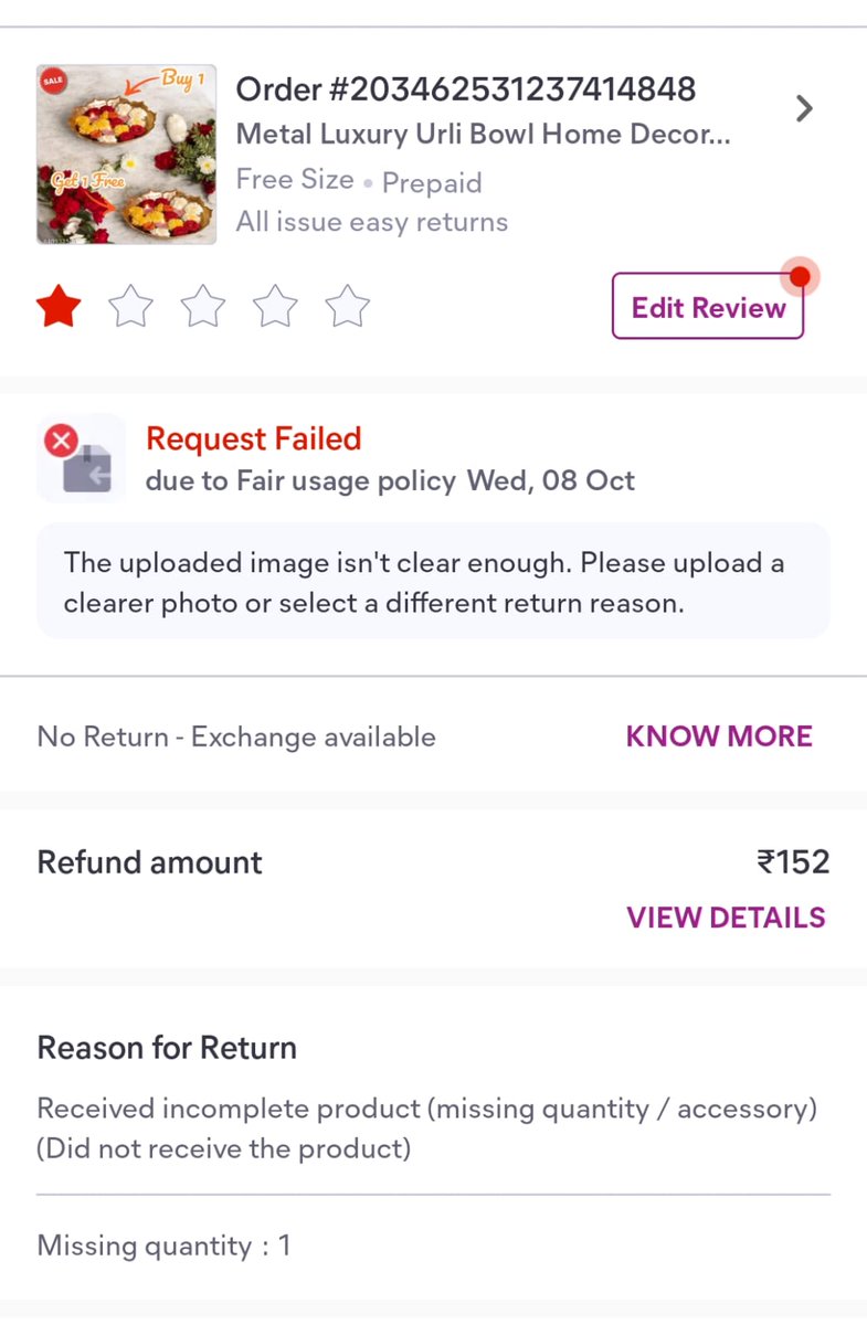 bkhetwal's tweet photo. @meesho_support After escalating the issue on Twitter, I received a call and a home visit.incorrect product was collected and a refund for one item was proced the refund for the remaining three products was denied. I've received INR 152. I request a full refund for rest 3 products. https://t.co/wJeyxHtudR