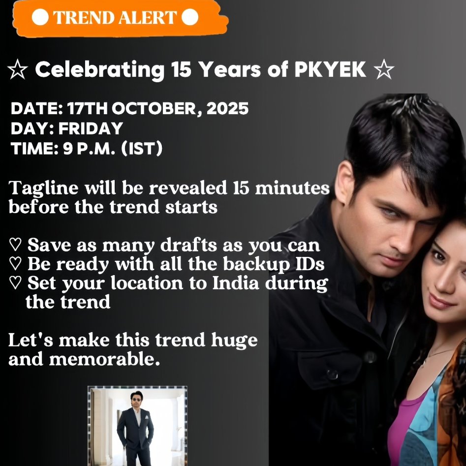 Thakarez_World's tweet image. TREND ALERT 🚨📢

The vampire love story that ruled our hearts… turns 15! 🔥🧛 15 years of eternal love, mystery, and magic! 🖤 

Join us as we celebrate 15 glorious years of #PKYEK ❤️

🗓 Date: 17th October, 2025
📅 Day: Friday
🕘 Time: 9:00 P.M. (IST)

#VivianDsena