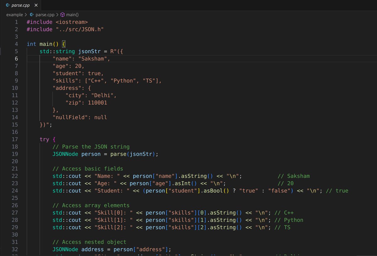 sakkshm's tweet image. How it works internally:

- parse() takes in JSON string.
- Recursive descent parser: parseObject(), parseArray(), parseValue() build a tree of JSONNodes
- Allows hierarchical access via [] operators
- stringify() recursively serializes the tree back to JSON