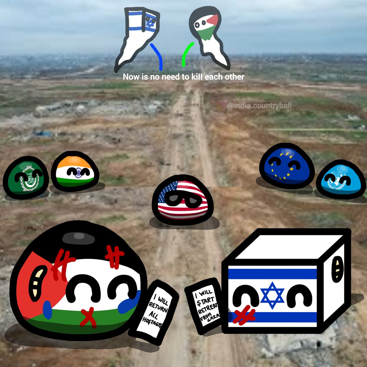 IndCountryball's tweet photo. Peace is finally coming to West Asia as Israel began withdrawing from Gaza. Hamas returned all remaining hostages, marking the soon end of Gaza War which began in October 2023. The war led to thousands of deaths, displaced millions and destroyed much of Gaza’s infrastructure. https://t.co/HszEYaayAr