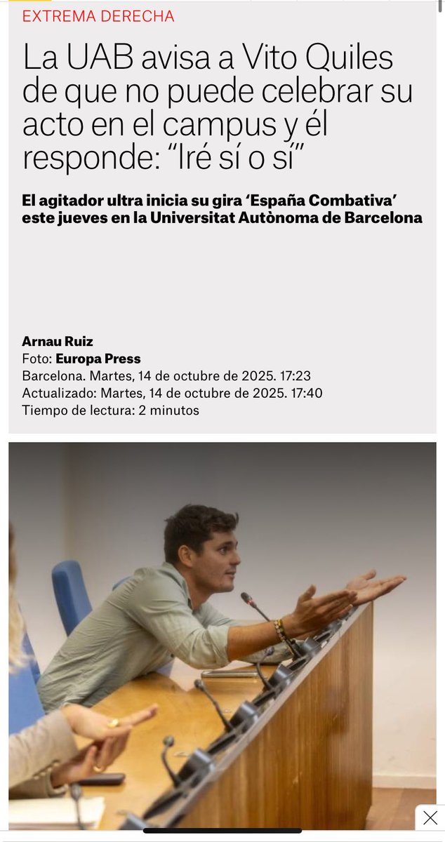 Manu (@manu545454) on Twitter photo la universidad no tiene constancia de que <a href="/vitoquiles/">Vito Quiles</a> haya solicitado ningún permiso para llevar a cabo la actividad.
Se presentará, lo echarán fuera pq hace un acto ilegal, y él se hará la víctima dirá q vivimos en una dictadura bla bla bla (y ése será el titular). PROVOCAR.👇 la universidad no tiene constancia de que <a href="/vitoquiles/">Vito Quiles</a> haya solicitado ningún permiso para llevar a cabo la actividad.
Se presentará, lo echarán fuera pq hace un acto ilegal, y él se hará la víctima dirá q vivimos en una dictadura bla bla bla (y ése será el titular). PROVOCAR.👇