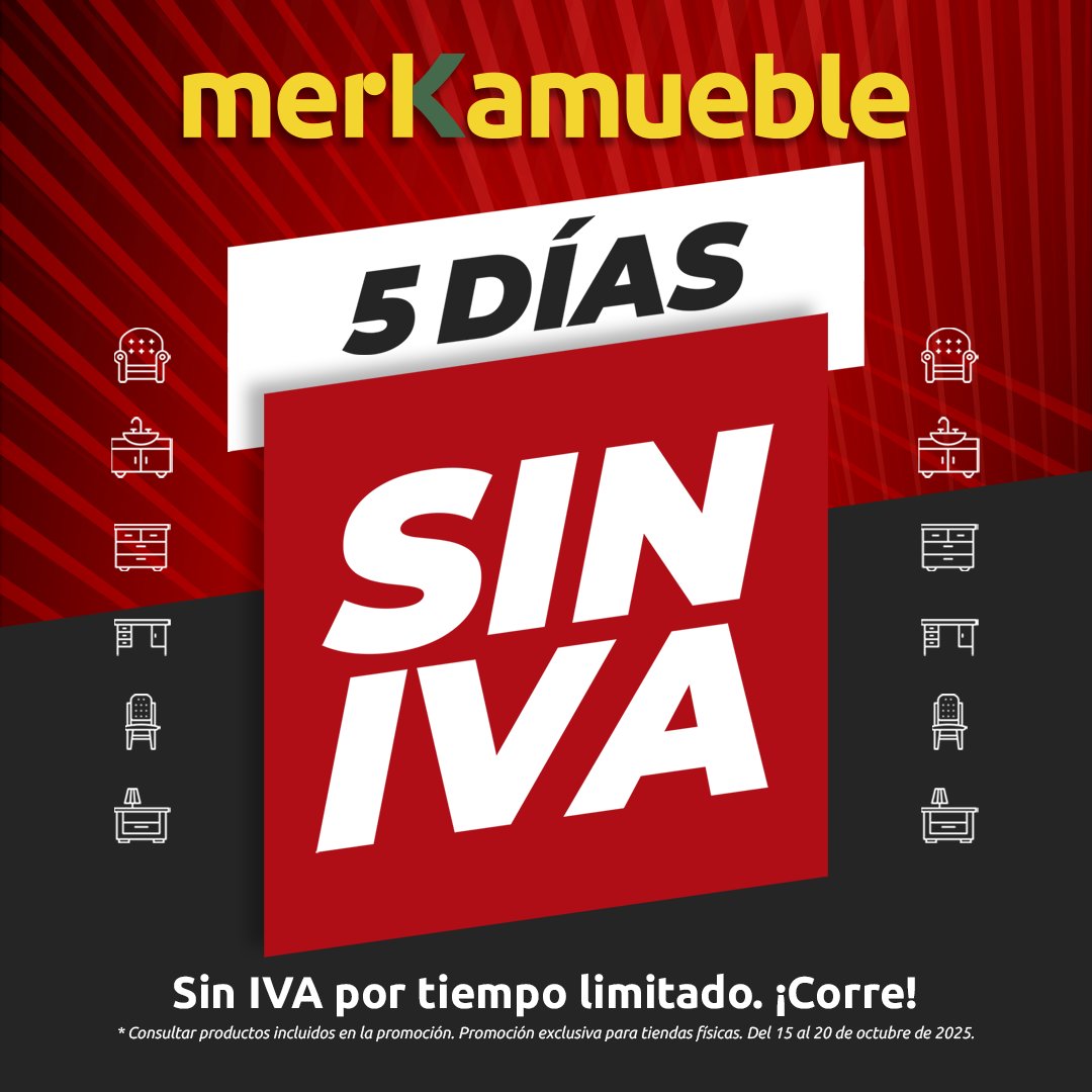 🛋️ ¡5 DÍAS SIN IVA EN MERKAMUEBLE! 🛍️✨
 👉 Amuebla tu hogar con todo, menos con el IVA. 😉
📍Encuentra tu tienda Merkamueble más cercana en: merkamueble.com/tiendas
📌 Consulta productos incluidos en la promoción. Promoción exclusiva en tiendas físicas.