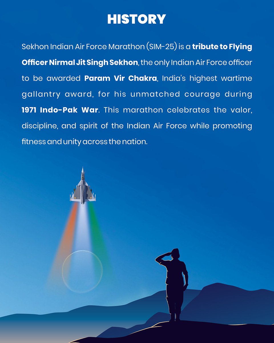 sekhonmarathon's tweet photo. Celebrate valor, unity, and fitness with the Sekhon Indian Air Force Marathon (SIM-2025), honoring Param Vir Chakra awardee Flying Officer Nirmal Jit Singh Sekhon. 
Join us on November 2nd at Jawaharlal Nehru Stadium, New Delhi and 61 locations nationwide for 21 km, 10 km, and 5K https://t.co/berzDhFZMD