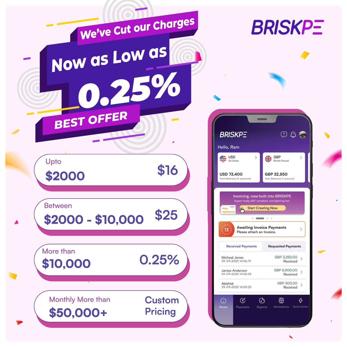 BriskPe's tweet image. Confused by international payment fees? 😵
With BRISKPE, it’s simple: $16 up to $2K, $2K-$25 up to $10K, 0.25% above $10K, and custom pricing for $50K+.
No hidden fees. Just fast, transparent, stress-free payments. 💼 #BRISKPE #GlobalBusiness