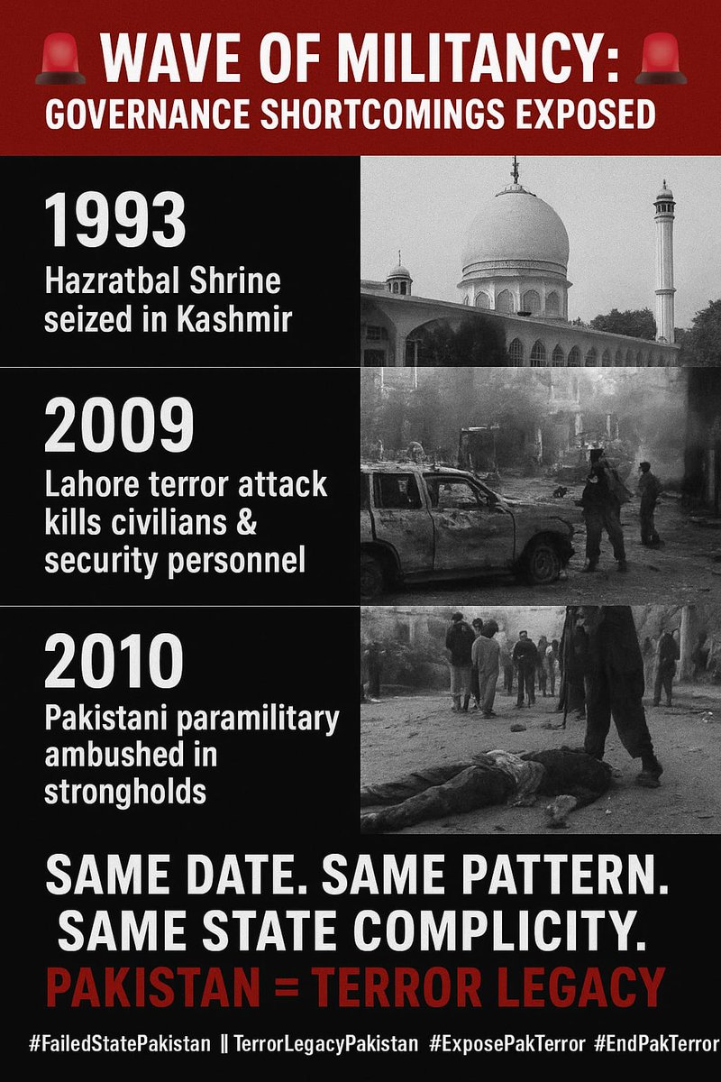 ABhat81446's tweet photo. 15 Oct – A recurring reminder of Pakistan’s terror culture.
1993: Hazratbal Shrine siege.
2009: Lahore terror attacks.
2010: Paramilitary ambushed.
2012: Police beheaded near Peshawar.
Decades of state complicity & militant proxies exposed.
#FailedStatePakistan #ExposePakTerror https://t.co/fPeuiAdRmQ
