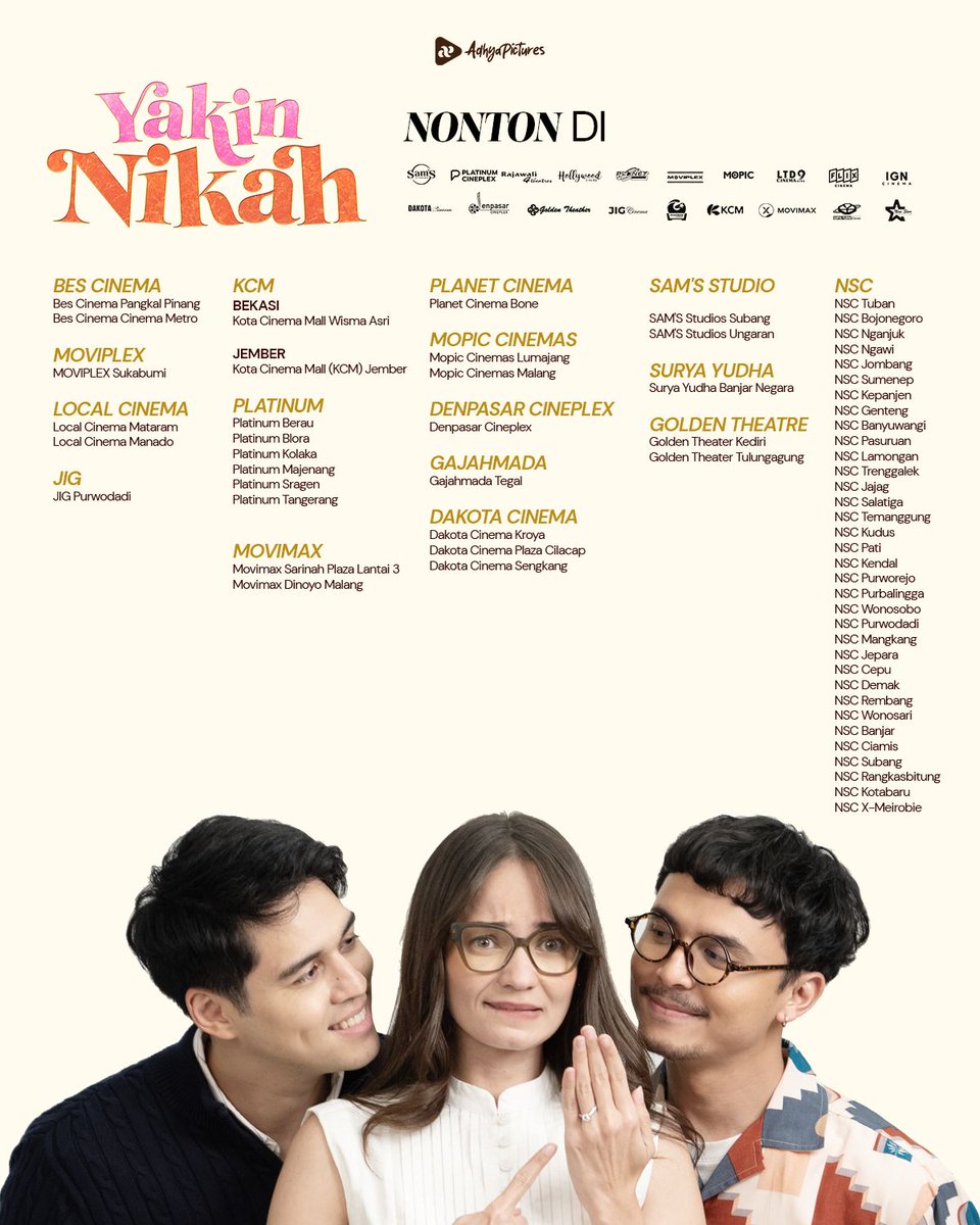 AdhyaPictures's tweet photo. Cerita Niken yang penuh tawa, air mata, dan keresahan soal cinta ini wajib kamu rasain langsung di layar lebar ✨ Yuk ajak genk kamu untuk nonton hari ini! 🍿
#YakinNikah #FilmYakinNikah #9Oktober #AdhyaPictures #PartOfAdhyaGroup https://t.co/ZoeCkPuhfG