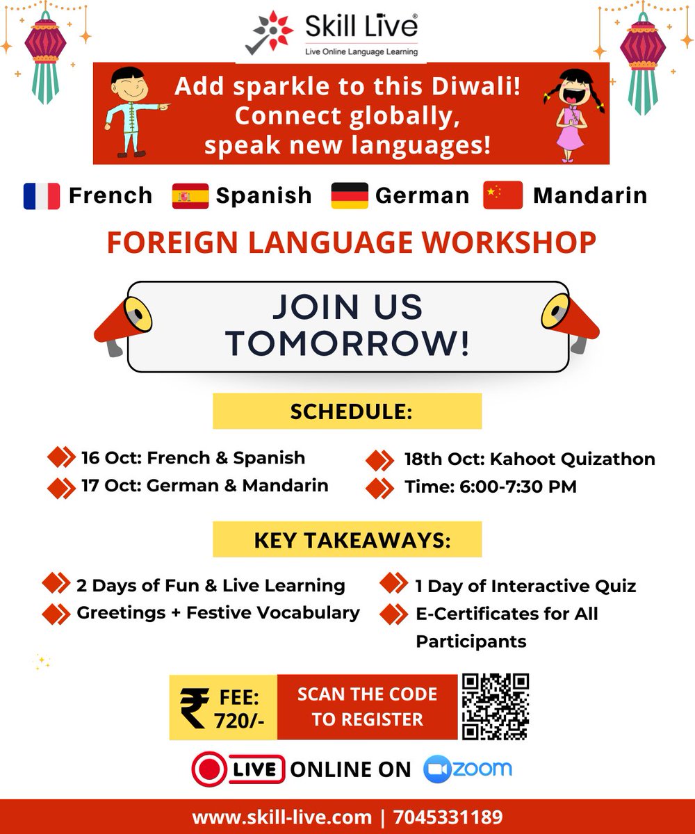 Skill_Live_INT's tweet image. Add a global sparkle to your Diwali celebrations!

This festive season, join us for a Foreign Language Workshop where fun meets learning.

Register here: forms.gle/WRJ7JU2JviLy5d…

#skilllive #languagelearning #foreignlanguagecourse #languageclasses #newskills #languageworkshop