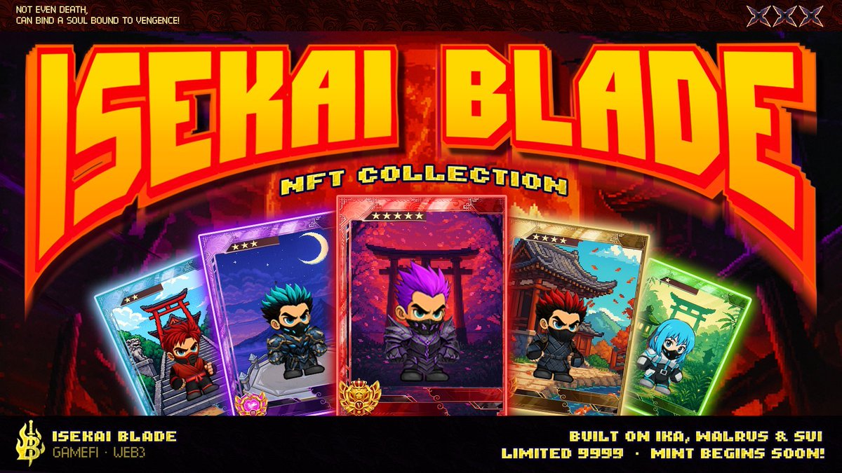 ⛩ <a href="/isekaiblade/">Isekai Blade ⛩️</a>   9,999 NFTs | One Isekai Blade Collection ⛩
The genesis set, forged as the foundation of the Isekai Blade saga ⚔️
Built on:
<a href="/SuiNetwork/">Sui</a>  × <a href="/WalrusProtocol/">Walrus 🦭/acc</a> × <a href="/ikadotxyz/">Ika「🦑」</a>
Total Supply: 9,999

10% reserved for strategic partners &amp; contributors
Each NFT = a dynamic