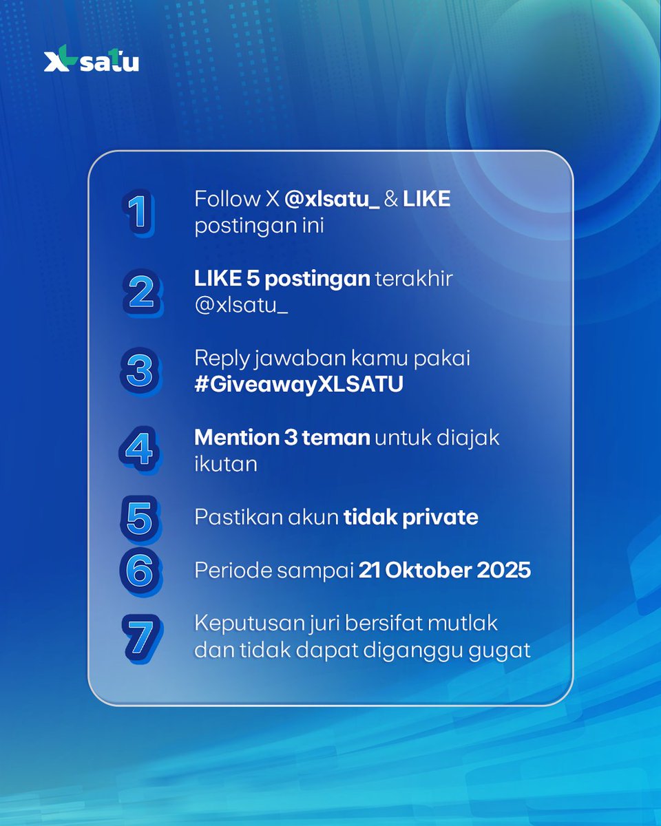 xlsatu_'s tweet photo. GIVEAWAY TAMBAH CEPAT 💨

Tau jawabannya? 

Langsung aja ikutan giveaway XL SATU untuk menangin saldo e-wallet total Rp1.000.000 buat 5 orang beruntung!

#BeraniJadiSatu #SekeluargaJadiSatu #FirstMediaJadiXLSATU https://t.co/KSS2VUpktO