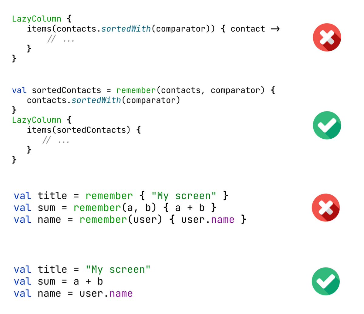 ktdotacademy's tweet image. Do you have operations in composables that kill your application performance? ☠️
Composable functions can be executed many times, sometimes with every frame. If such composables include any complex calculations, they will be recalculated unnecessarily again and again. The…