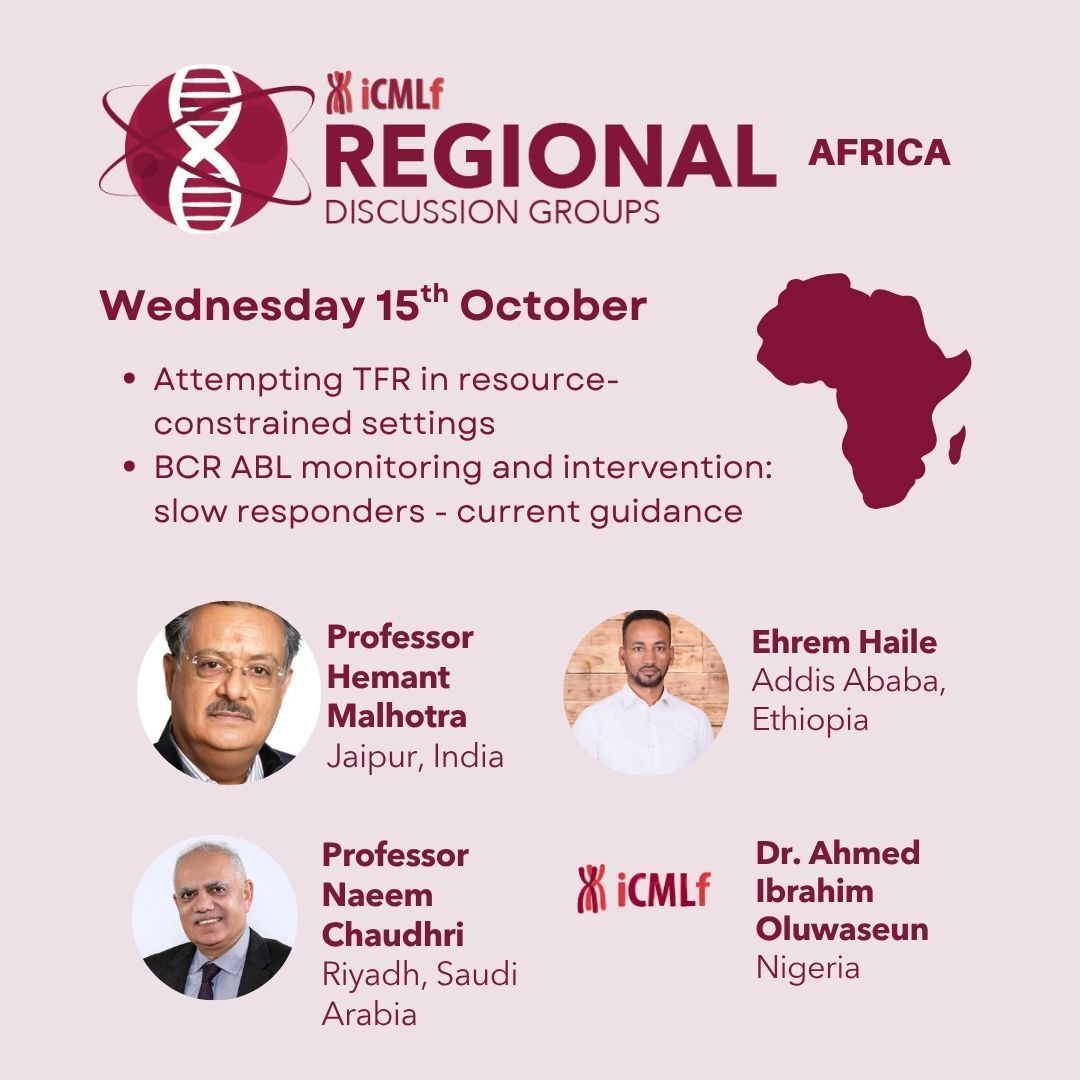 Happening today – don’t miss it!

Join the iCMLf Regional Discussion Group for Africa happening today, October 15th.

💻 Open to all physicians treating CML in Africa
🎧 French interpretation available

👉 Register now to join today’s live session: buff.ly/UIho8aE
