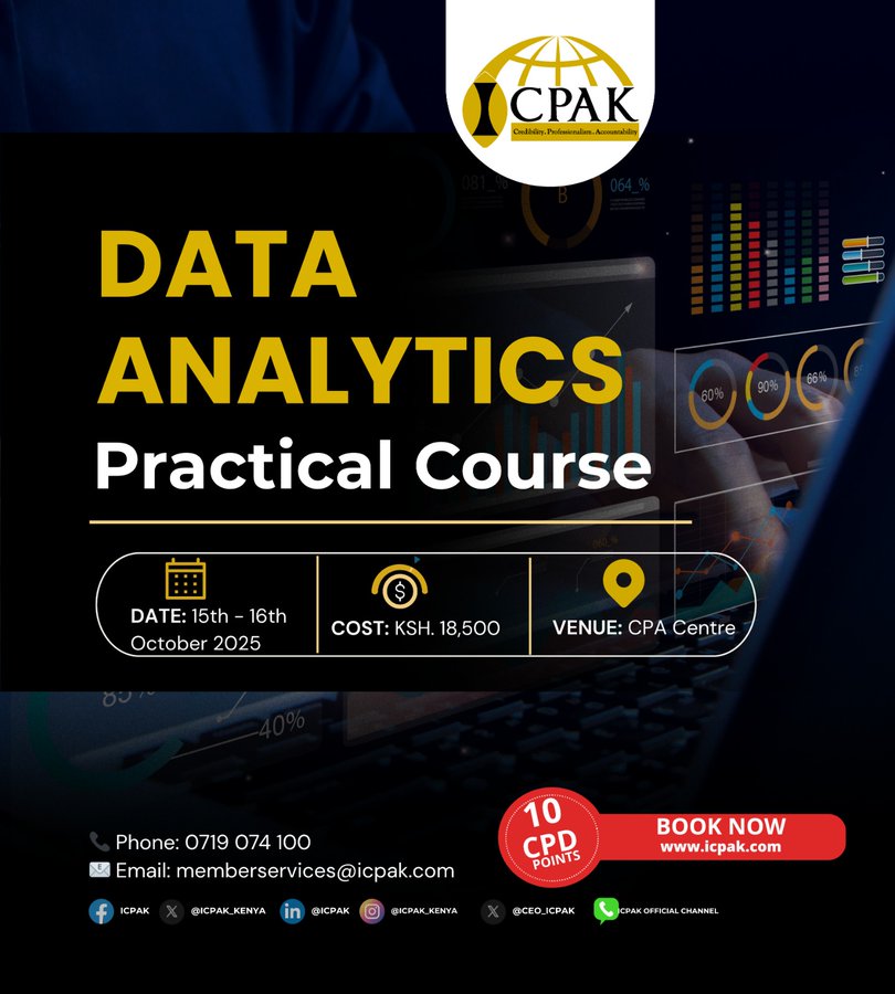 ICPAK_Kenya's tweet image. Happening today. Unlock the power of data with ICPAK’s #DataAnalyticsPracticalCourse. Learn practical skills in Excel & Power BI that transform raw data into real business value. Secure your spot 👉 icpak.com/event/data-ana…
#DataAnalyticsCourse ^CA