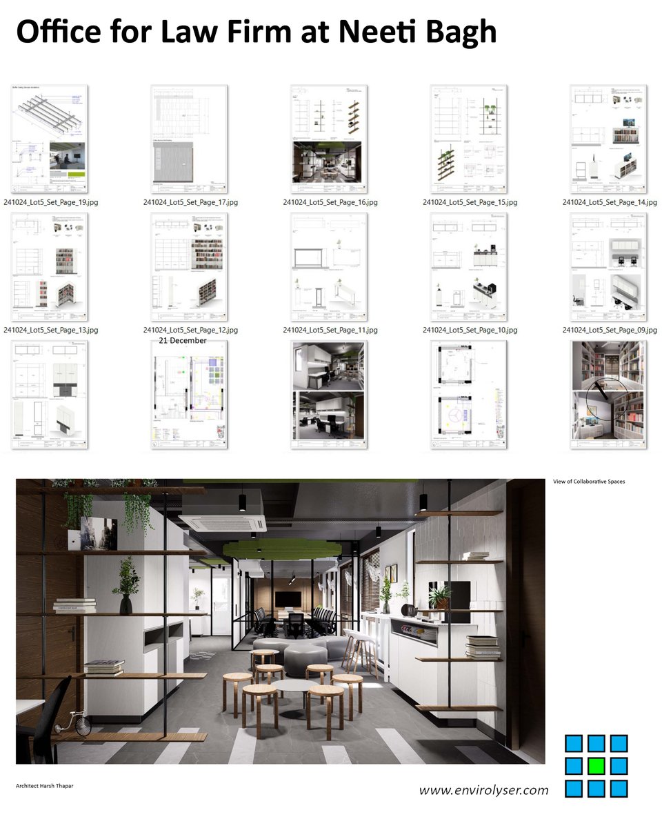 harsh_thapar's tweet image. Sneak peak of our detailed design drawings package, for a top law firm&apos;s office at Neeti Bagh. Each and every of the 30 or so spaces is drawn out along with representative 3d views to assist contractor understanding. More on this soon!
#envirolyser #i̇nteriorarchitecture