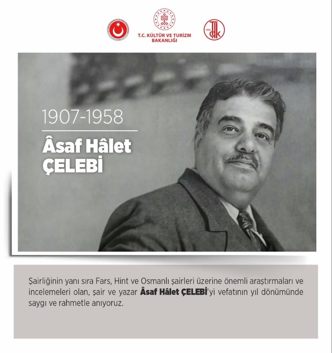 📌Türk edebiyatının önemli isimlerinden, şair ve yazar Âsaf Hâlet ÇELEBİ’yi vefatının 67. yılında saygı ve rahmetle anıyoruz.

#TarihteBugün
#ÂsafHâletÇelebi