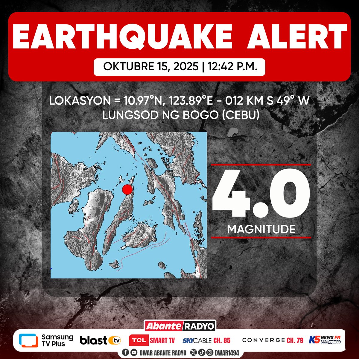 EARTHQUAKE ALERT: Niyanig ng magnitude 4.0 na lindol ang Bogo, Cebu, ganap na 12:42 ng tanghali ngayong Oktubre 15, 2025.

#DWAR1494