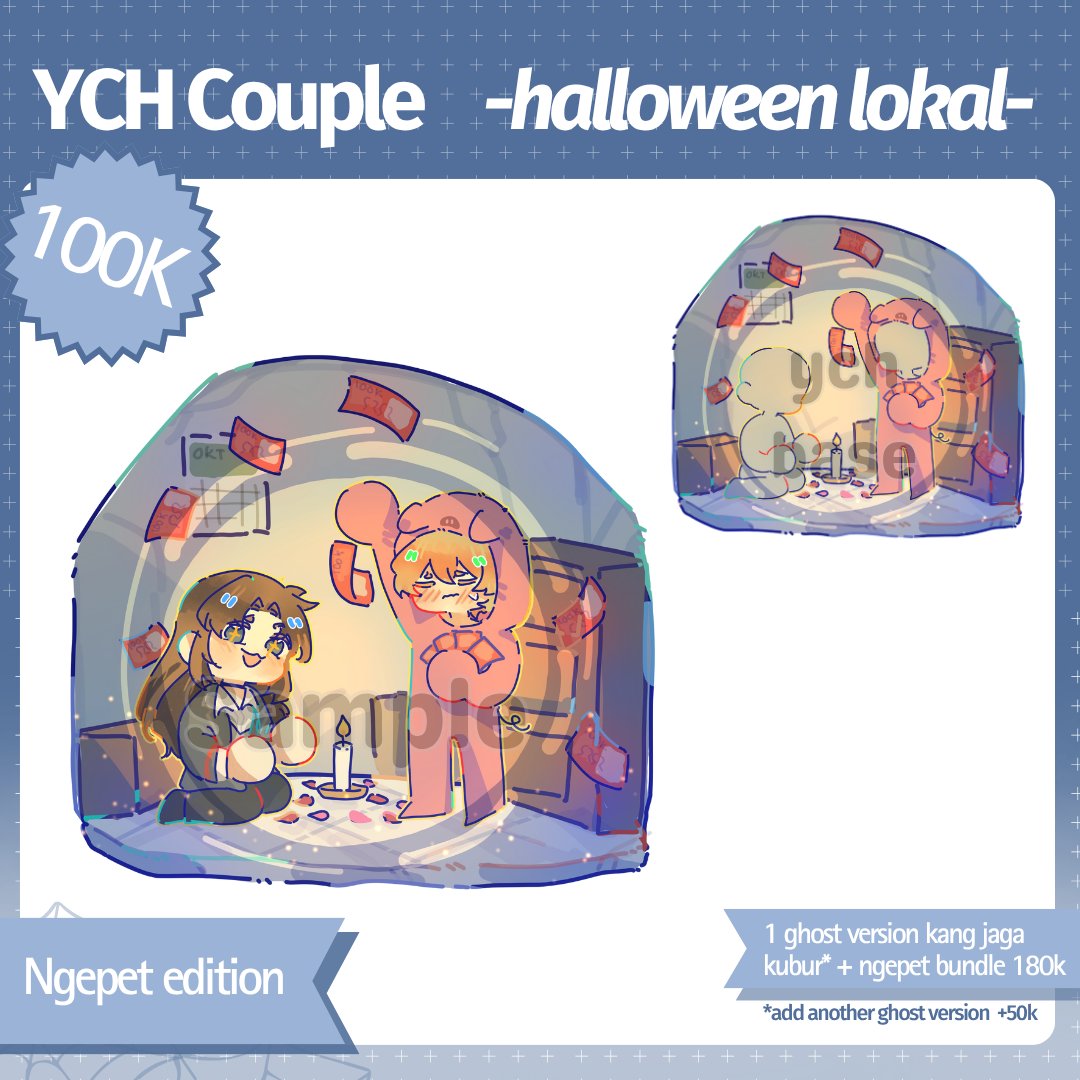 [ 🔁 &amp; 🩷 are appreciated]

Hi hiii! clo buka ych versi halloween lokal hihi for 🇮🇩only. 5 slot for each kang jaga kubur and ngepet version!

please check and read TOS carefully!

#YCHcommission #artidn #Commissionopen #YCH #zonakaryaid