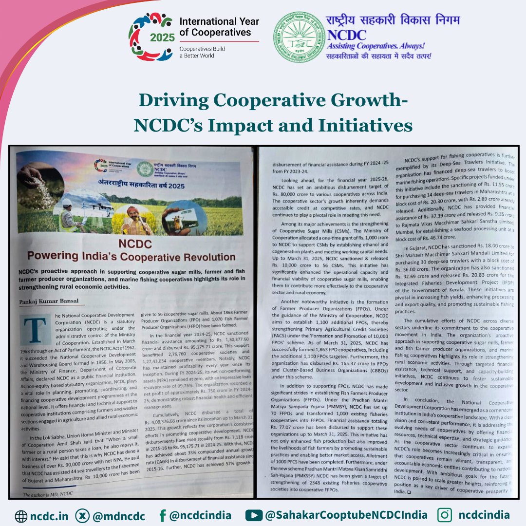 mdncdc's tweet image. Let’s Take a Look at How NCDC Is Creating Impact and Powering India’s Cooperative Growth
The thoughts and insights are penned by Sh. Pankaj Kumar Bansal, Managing Director, NCDC, &amp;amp; Additional Secretary of Ministry of Cooperation highlighting the organization’s pivotal role in…