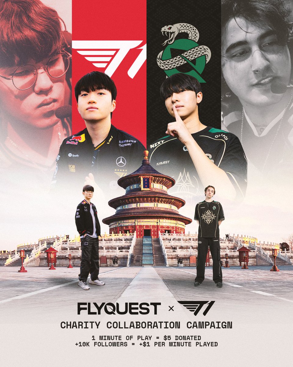 Full Scale w/ FlyQuest and <a href="/T1LoL/">T1 LoL</a>!
For every minute either team plays, $5 will be donated to a charity of the team’s choosing!

The donations will support <a href="/AlveusSanctuary/">Alveus Sanctuary</a> and its conservation efforts, alongside T1's charity of choice that will be announced soon

+ for every 10k