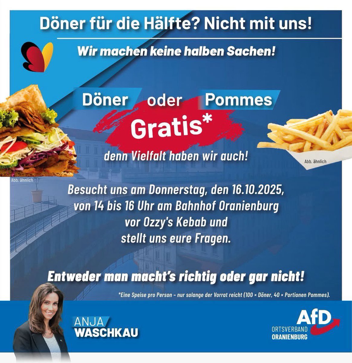 Ich bin ja wahrlich keiner, der sich über den Besuch von Döner-Läden und Co beschwert. Aber ob eine Rechtspartei ausgerechnet damit Wahlkampf machen sollte und diesem peinlichen „Döner 3€“ - Unsinn folgen muss? Naja…
