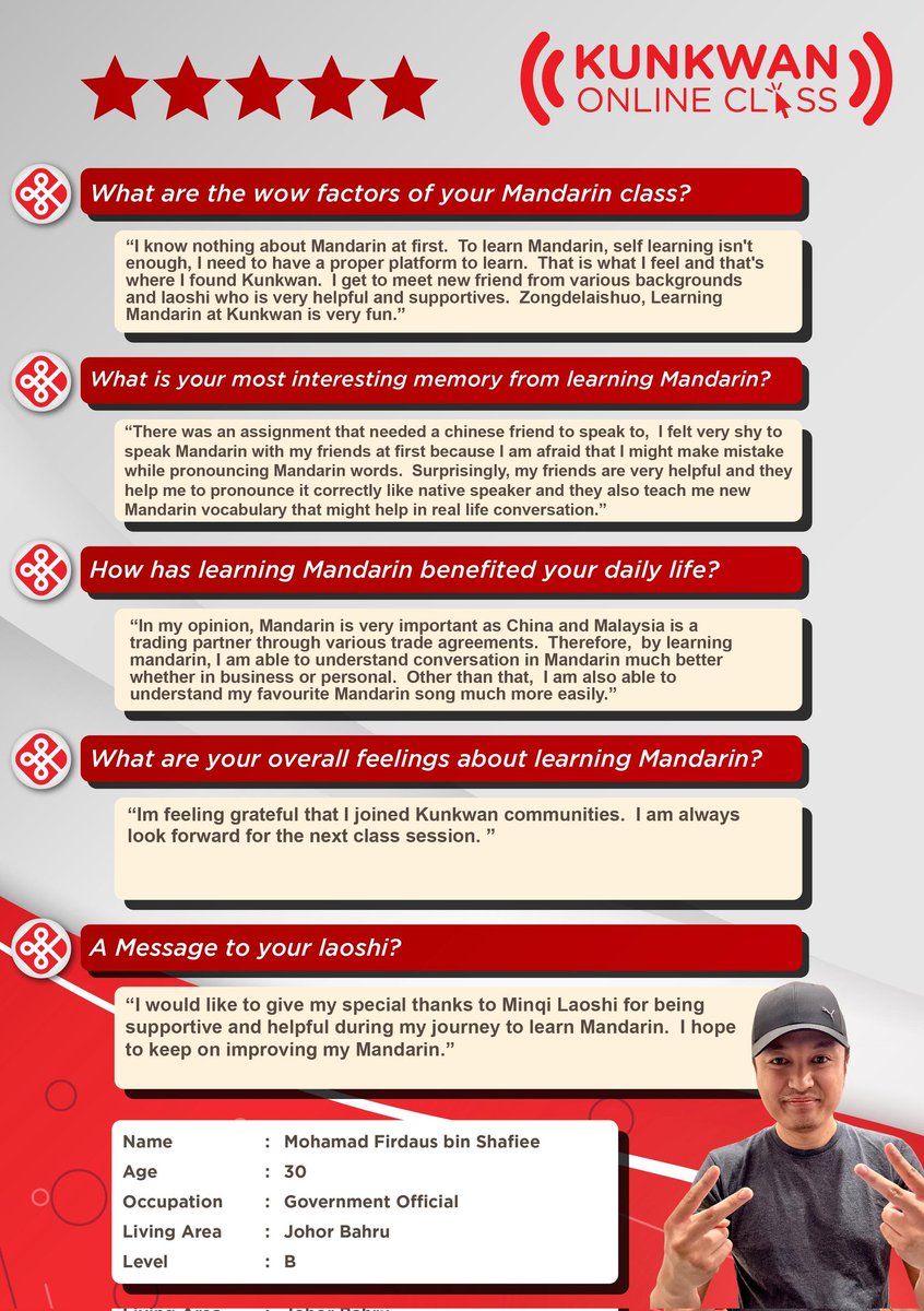 lovelypoisonous's tweet image. 🌟 Student Spotlight: Mohamad Firdaus bin Shafiee 🌟
💬 “Learning Mandarin at Kunkwan is super fun &amp;amp; meaningful! From shy beginnings to confident conversations  every class is worth it! 🙌✨

Join us today 👉 wa.link/2m324c
#KunkwanOnlineClass