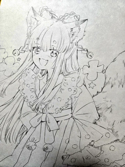 玉藻色紙線画完成🦊 