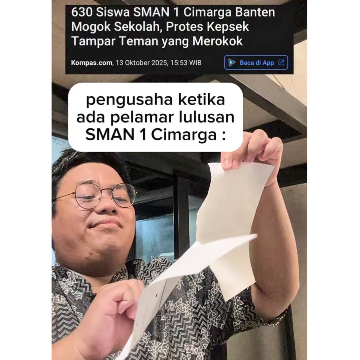 arazzaez's tweet photo. Teruntuk angkatan 2026,2027 dan 2028 SMAN 1 Cimarga, siap siap ya susahnya nyari kerja selesai lulus π karna banyak kemungkinan anda terblacklis di dunia lowongan kerja π€£
π·ig:andilio_mughni
#SMAN1Cimarga #cimarga https://t.co/arJfIRqmPy