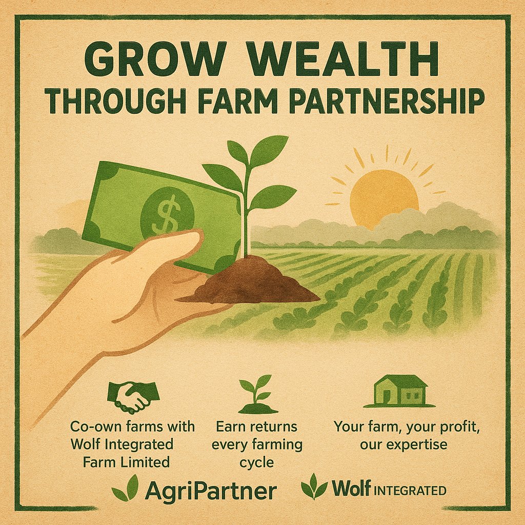 agripartnerng's tweet photo. Your money can do more than sit — it can grow 🌱
With AgriPartner, you can partner with Wolf Integrated Farm Limited to co-own productive farms and earn returns at the end of every farming cycle. https://t.co/eMlB0KIAGs