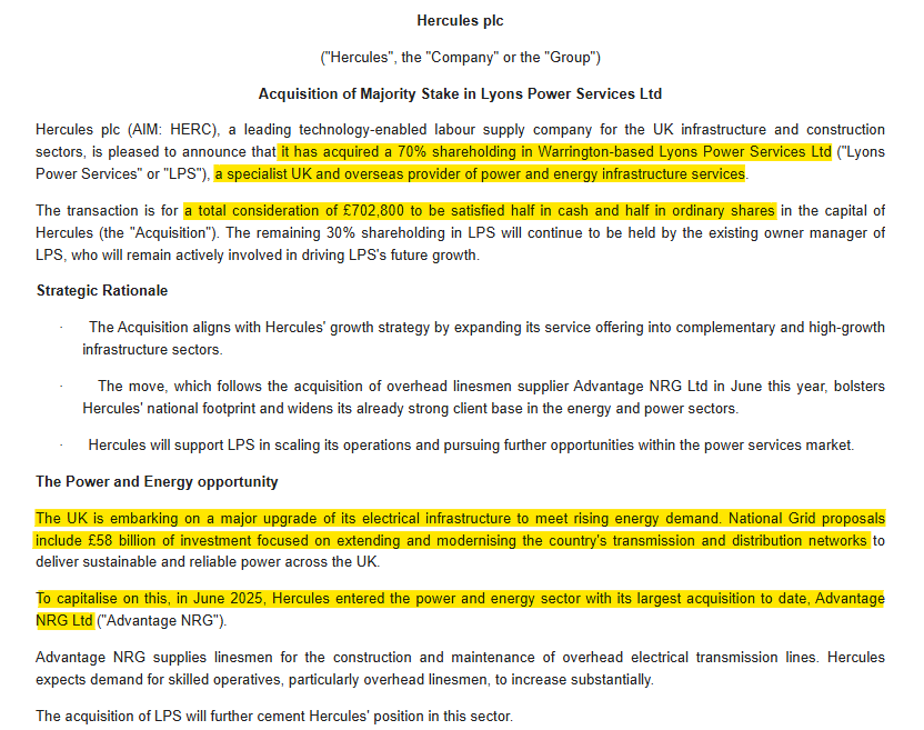 1James1n1's tweet image. #HERC - Acquisition

No shortage of ambition here as it adds an acquisition for £0.7m of 70% of a specialist provider of &quot;power &amp;amp; energy infrastructure services&quot;

➡️Building on entry to power &amp;amp; energy sector and its  May acquisition with this bolt on.
➡️Owner keeps remaining 30%