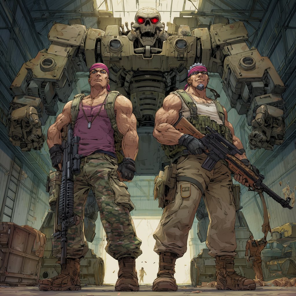 JohnSmith_EiS's tweet photo. An illustration of a pair of soldiers and a skull robot. This is inspired by the Konami videogames Contra.
#AIart #Konami #KonamiContra #Contra #ContraFanart #Gryzor #Probotector #videogames #scifi #scifiart #sciencefiction #robot #soldiers #AIใคใฉในใ #midjourney #midjourneyart https://t.co/vXvwbe6wZ4