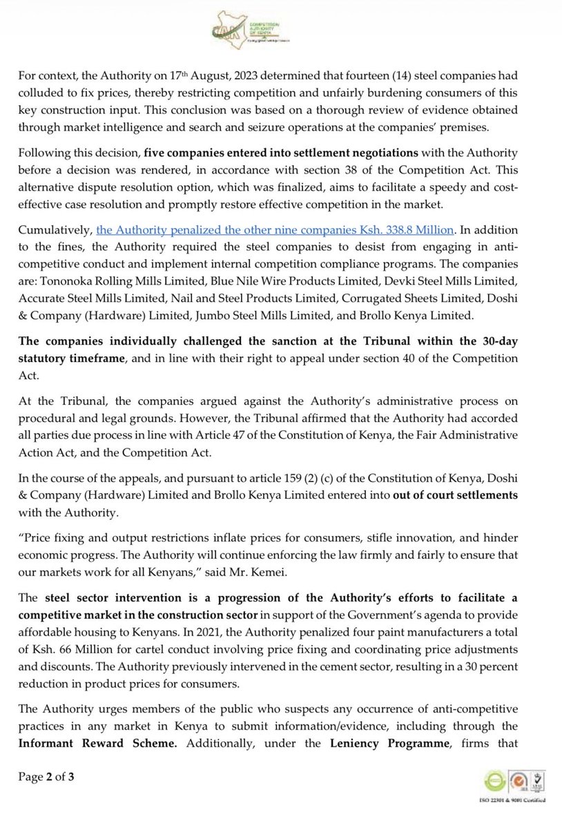 CAK_Kenya's tweet photo. PRESS RELEASE: The CAK’s Sanction On Steel Cartel Affirmed As Competition Tribunal Rejects Appeal by Seven Manufacturers. https://t.co/RZ737hPf0C
