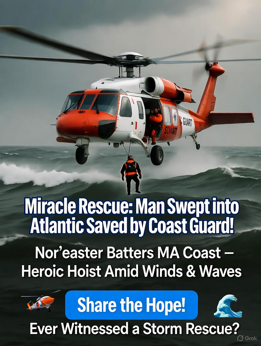 zapliber's tweet photo. A man was swept into the Atlantic Ocean off the Massachusetts coast as a fierce nor’easter storm hit New England. Moments later, he was rescued by a U.S. Coast Guard helicopter battling heavy winds and waves. https://t.co/bRhGNm4Qfy
