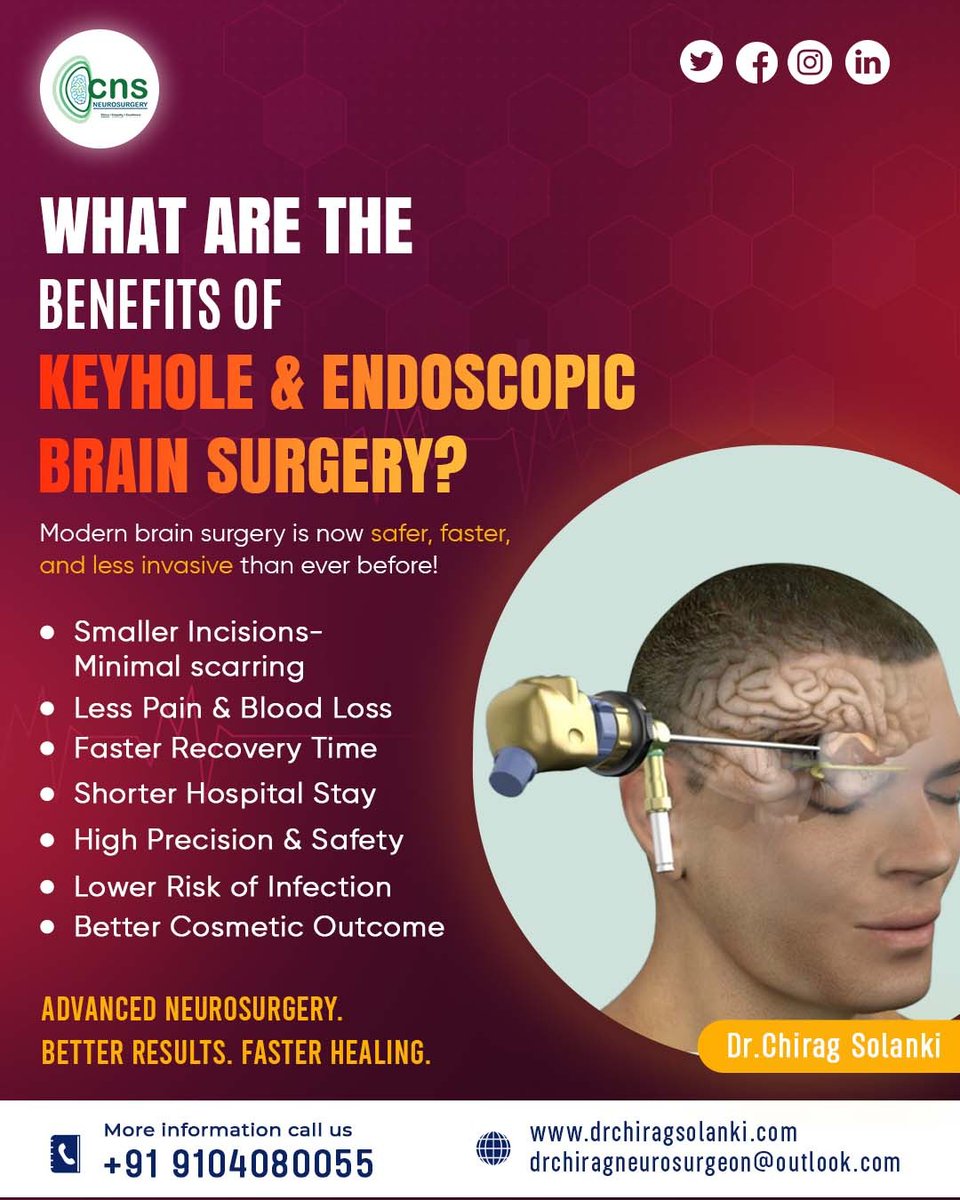 dr_cns's tweet photo. 🧠 What Are The Benefits Of Keyhole &amp; Endoscopic Brain Surgery?

Modern neurosurgery is now safer, faster, and minimally invasive!

✨Advanced Neurosurgery. Better Results. Faster Healing.

🌐: https://t.co/ytf9ATkPEK

#KeyholeSurgery #EndoscopicBrainSurgery #Surgery #BrainHealth https://t.co/UjEjyK5c7O