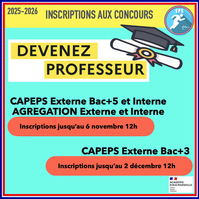 EPS_ac_aix_mars's tweet image. Inscription concours EPS 2026

⚠️ CAPEPS (Int, Ext M2) et l’Agrégation EPS (Int, Ext)
🗓 Jusqu’au 6 nov 2025, 12h

 ⚠️ CAPEPS Ext, Bac+3 (L3)
🗓 Jusqu’au 2 déc 2025, 12h

🔗 https:/www.devenirenseignant.gouv.fr/inscrivez-vous-aux-concours-de-recrutement-d-enseignants-1061
