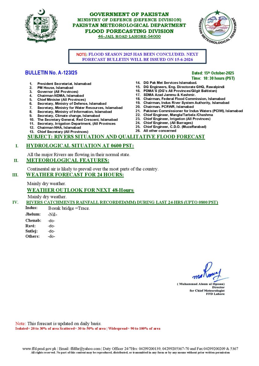 pmdgov's tweet photo. River Situation and Flood Forecast - 15 October, 2025
#PakistanWeather #FloodForecast #FFDUpdates #WeatherUpdatePK #PMDAlert #DailyWeatherPK #RainfallUpdatePK #FloodSituation #RiverMonitoringPK #WeatherOutlook #RiverCatchment #FloodLevelUpdate #WeatherWatch #PMD #FFD https://t.co/P9XPXLfSKc