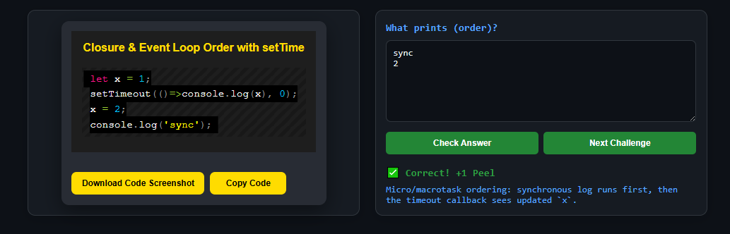koomekelvink's tweet image. Simple javascript event loop, sync code is priority.
Closure challenge ->
peelcode.devsip.tech/peel/closure/i…
#javascriptlearning #javascripttips #SoftwareDevelopment #SoftwareEngineering #buildinpublic #letsconnect #100DaysOfCode