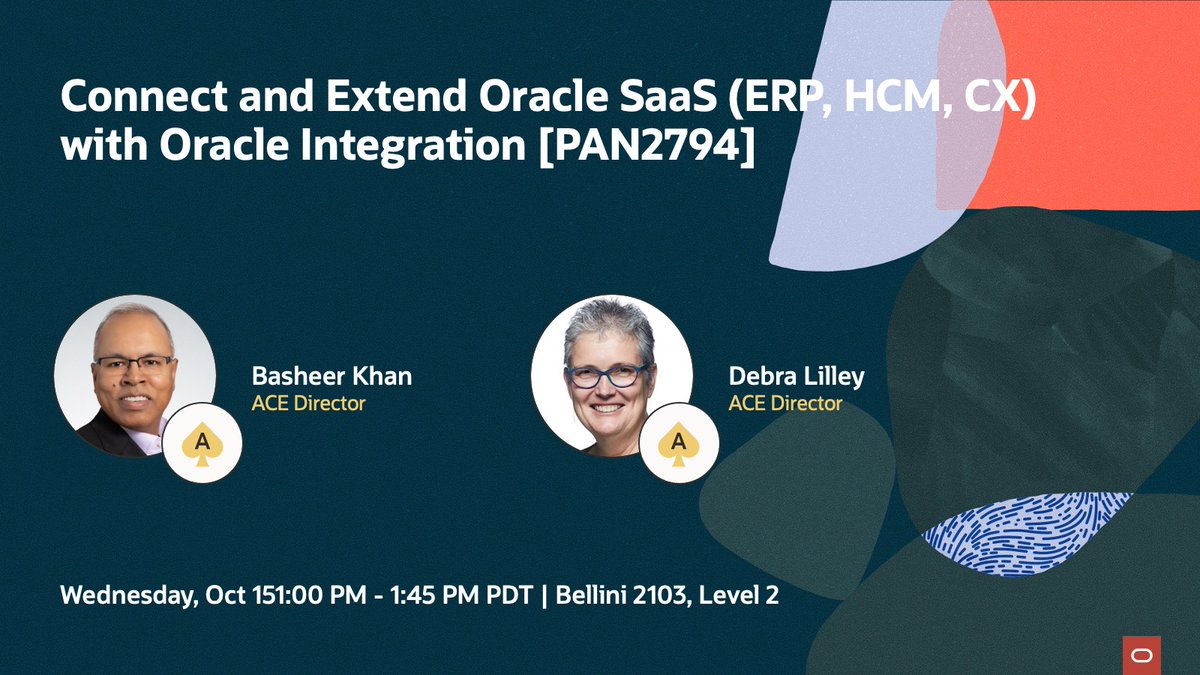 oracleace's tweet image. Want to streamline and innovate across ERP, HCM, and CX?
Don’t miss Connect and Extend Oracle SaaS (ERP, HCM, CX) with Oracle Integration [PAN2794] at Oracle AI World! 

Join Oracle ACE Directors @bkhan and @debralilley, plus Oracle product leaders, as they share:
🔹 Real-world…