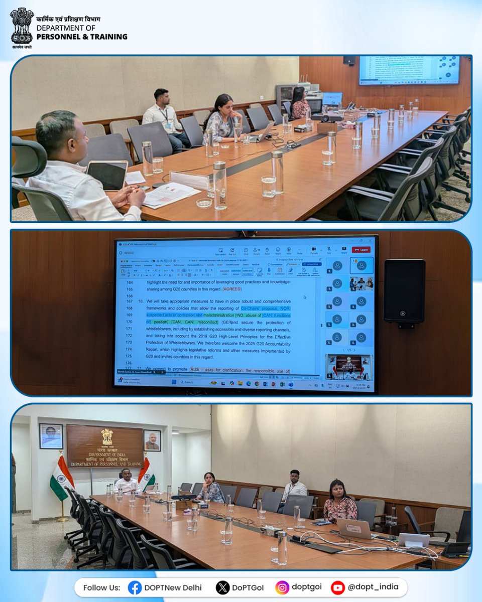 DoPTGoI's tweet image. India Engages in G20 Anti-Corruption Negotiations

The Department of Personnel &amp;amp; Training #DoPT participated in one of the negotiation rounds of the G20 Anti-Corruption Working Group (ACWG) meeting held on 14 October 2025, organized by South Africa, the current G20 Presidency.…