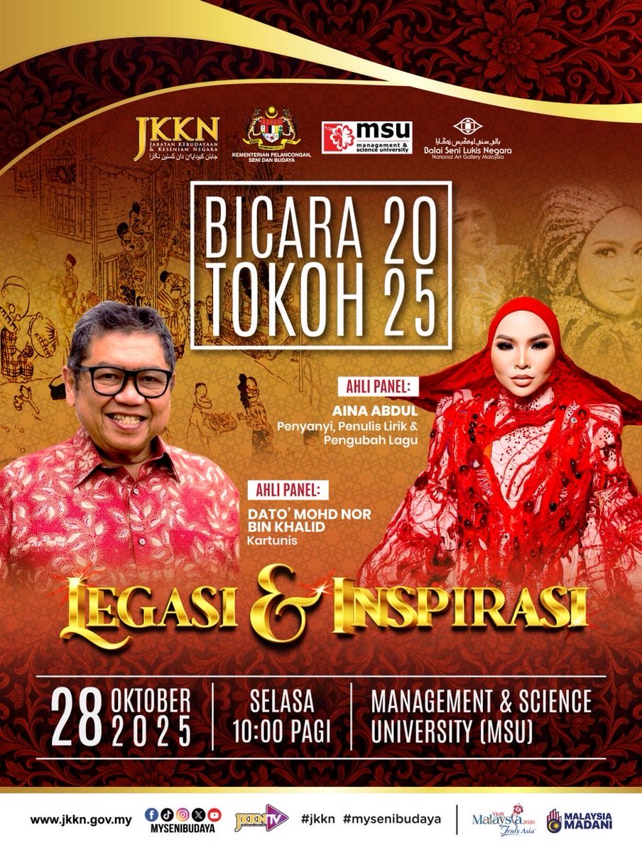 theainations's tweet photo. JKKN dengan bangganya membawakan sesi istimewa bersama Seniman Negara Dato’ Lat &amp; Aina Abdul… gabungan legenda &amp; inspirasi seni tanah air!

🗓️ 28 Okt 2025 (Selasa)
⏰ 10.00 pagi
📍 Dewan MSU, Shah Alam

Jom daftar sekarang 👇
https://t.co/wYne96KhVO

#JKKN #MySeniBudaya #MyMOTAC https://t.co/A1ImbW5I8y