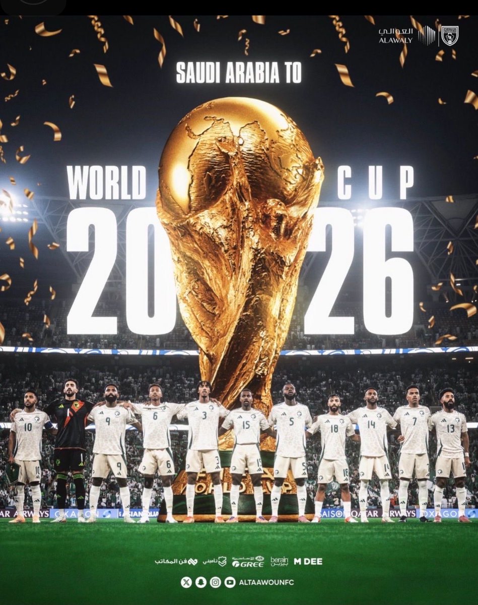 أبارك لمقام مولاي #خادم_الحرمين_الشريفين #الملك_سلمان_بن_عبدالعزيز ولصاحب السمو الملكي #ولي_العهد_الأمير_محمد_بن_سلمان حفظهما الله وللشعب السعودي الكريم تأهل المنتخب السعودي لكرة القدم لنهائيات كأس العالم 2026.