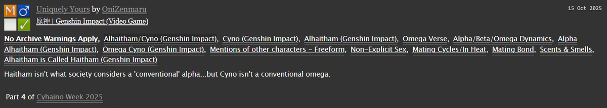Day 4 prompt Omegaverse for #CyhainoWeek2025!
archiveofourown.org/works/72505716