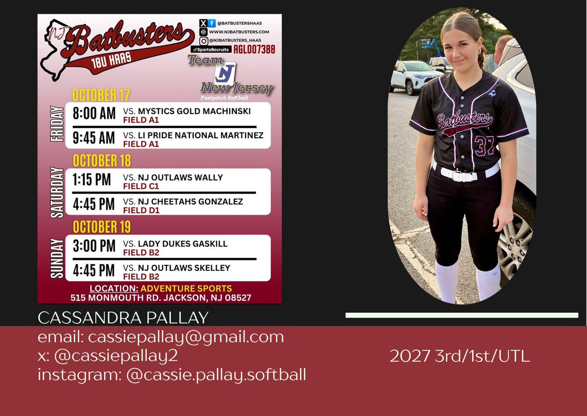 Cassie Pallay (@cassiepallay2) on Twitter photo Back at it this weekend with <a href="/BatbustersHaas/">NJ Batbusters Haas</a> at <a href="/TeamNJSoftball/">Team NJ Softball</a> Fall Showcase! Here is my schedule below. Hope to see some coaches at our games! Let’s go! Back at it this weekend with <a href="/BatbustersHaas/">NJ Batbusters Haas</a> at <a href="/TeamNJSoftball/">Team NJ Softball</a> Fall Showcase! Here is my schedule below. Hope to see some coaches at our games! Let’s go!