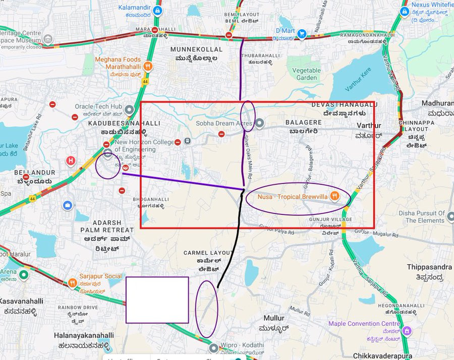The original plan for road infrastructure around Sarjapur Road and ORR would have enabled some mobility through other main roads too. But BDA and BBMP never built those roads (this map was posted online in another  chat yesterday showing the unbuilt stretches marked in circles).