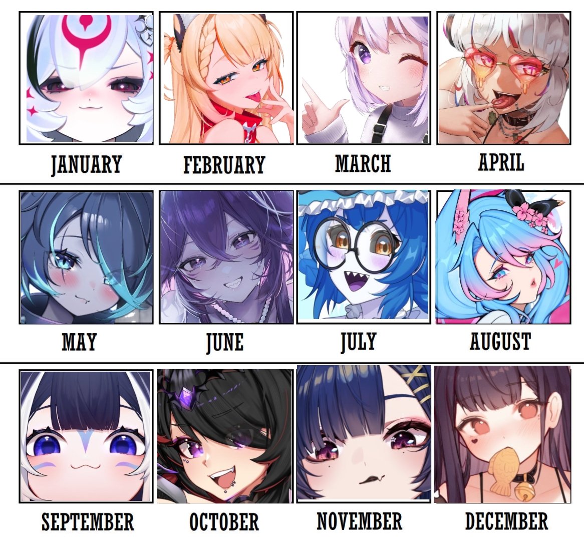 I've searched some pfps &amp; its now complete

Your birth month = your goated Oshi
(Inspired by <a href="/ShylilyVirus/">Shylily Virus (Fan)🦐</a>)