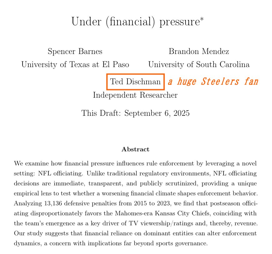 ClayWendler's tweet image. The UTEP "study" on the Chiefs and the refs is complete, 100% disingenuous, dishonest bullshit.

UTEP is a red herring. The "independent researcher" listed on the study, Ted Dischman, failed to announce his conflict of interest.

Ted Dischman is a Steelers superfan.

Here is his…