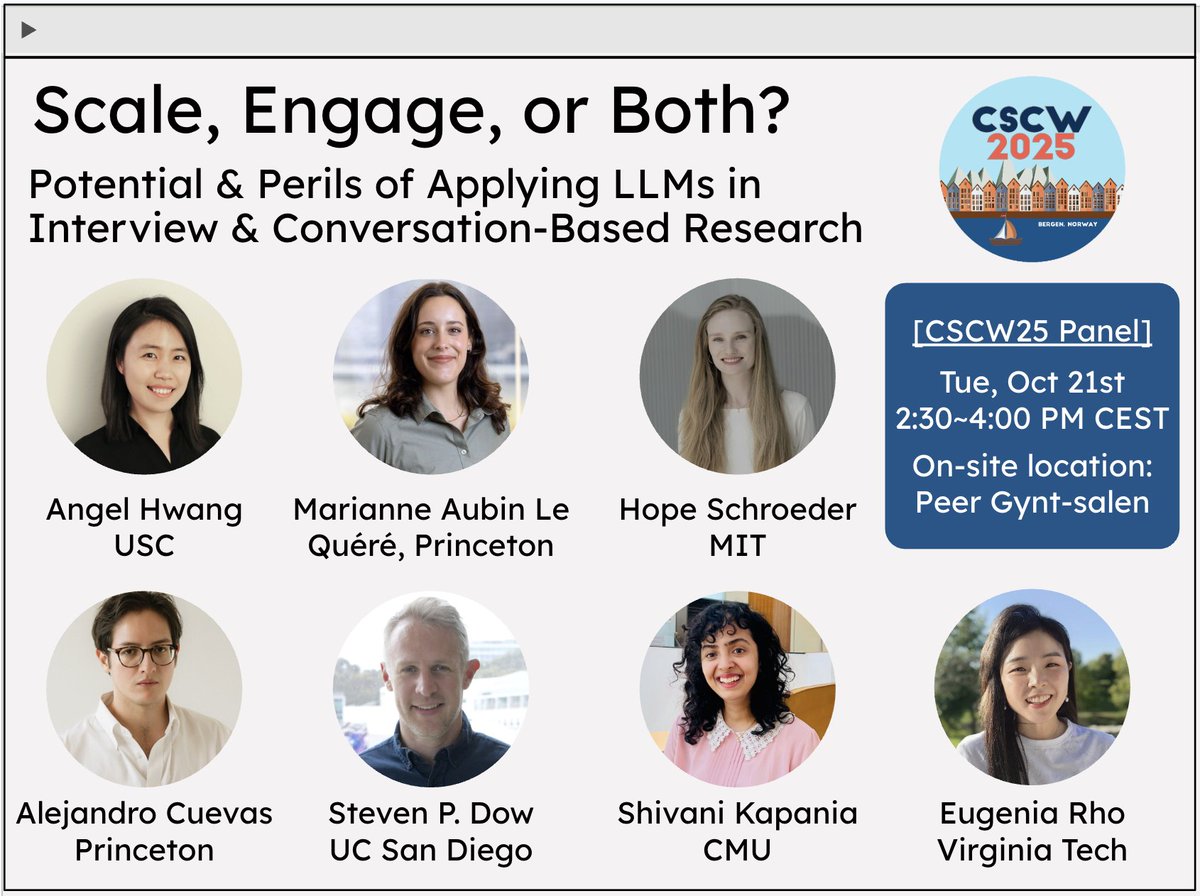 angelhwang6's tweet image. One week away from our CSCW panel on applying LLMs in conversation-based research! Excited to engage in another methodological discussion with my amazing co-organizers and panelists @marianneaubin @Schropes Alejandro @stevendow @eugeniarho @shivanikapania