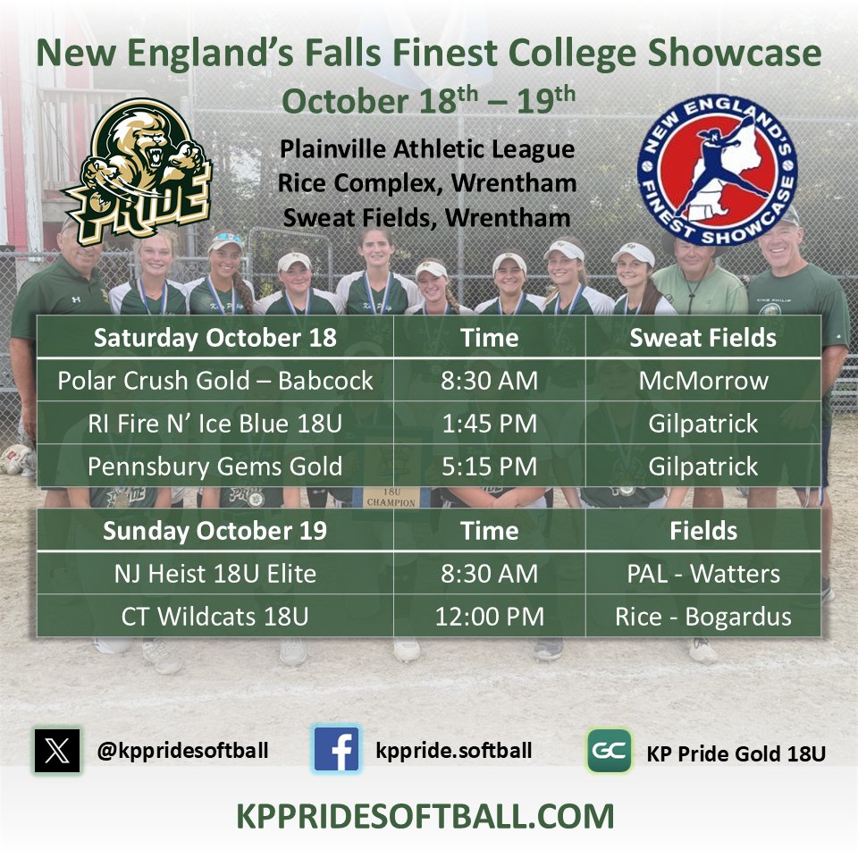 KPPrideSoftball's tweet photo. 🚨KP Pride 18U Gold is thrilled to announce our New England's Finest Fall Showcase Schedule!  

🥎 Check out our action-packed schedule below ⬇️ and mark your calendars for some thrilling softball action! 

Go Pride! https://t.co/Ji4JwubFSr