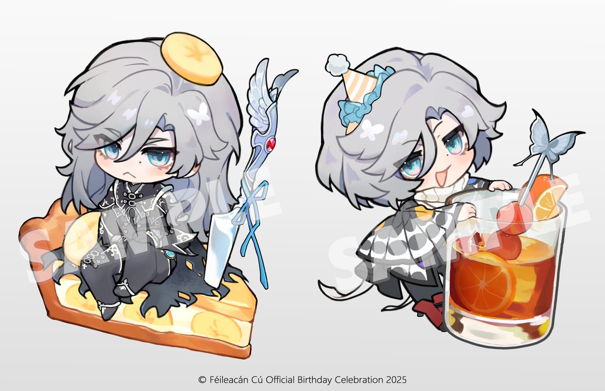 【Work】
本次受邀负责了「Féileacán Cú Official Birthday Celebration 2025」的Q版Cu/Felly插图绘制，非常感谢！希望参加活动的各位玩得开心🖤🤍
I was in charge of the illustrations for the "Féileacán Cú Official Birthday Celebration 2025". Thank you so much for commission!