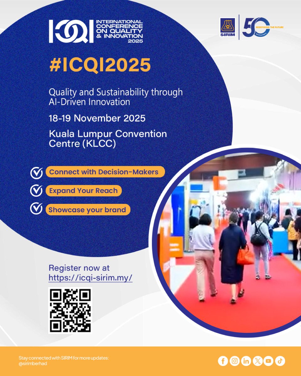 Get ready to experience how AI is transforming Quality and Sustainability at #ICQI2025. Join innovators and decision-makers on 18–19 Nov 2025 at KLCC to shape the future of smarter industries. 

If you haven’t registered yet, register today at icqi-sirim.my

 #SIRIM