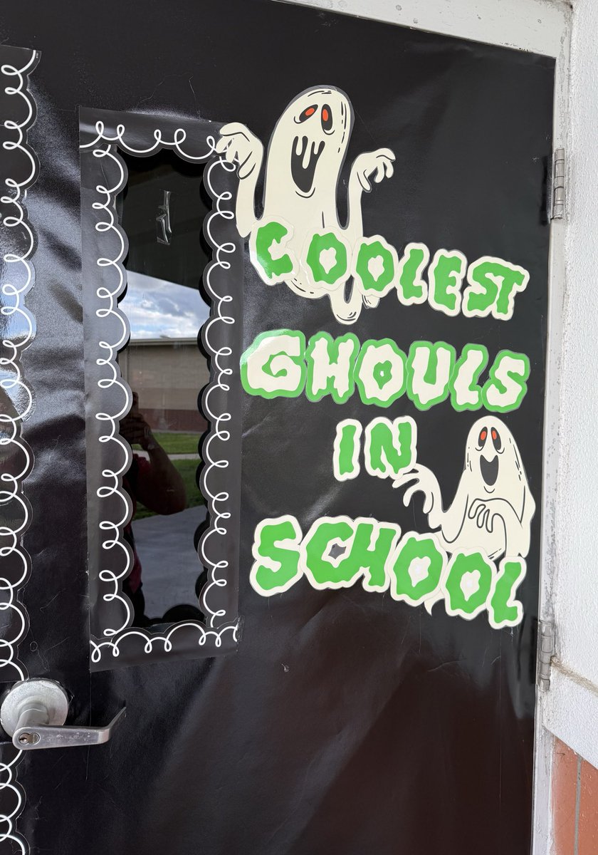 ataylor1329's tweet photo. 👻 My classroom door is coming together! The Coolest Ghouls in School are ready to make this spooky season legendary! 💚 #TeacherLife #SpookySeason #MiddleSchoolMagic #Halloween2025 https://t.co/2b5AJADday