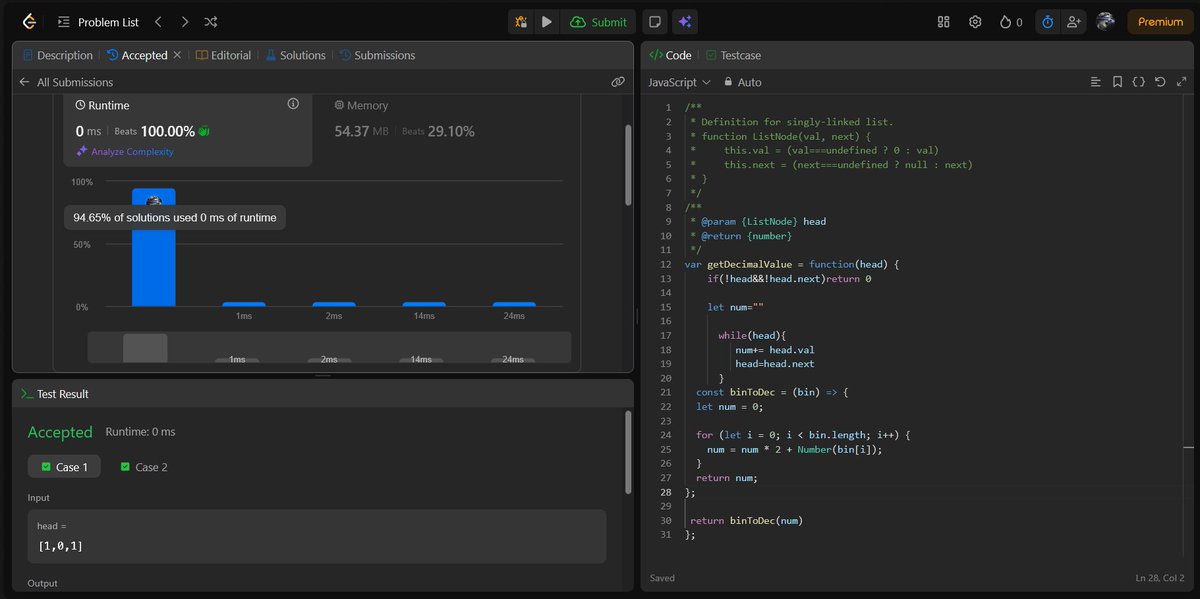 Nuwal_Peyush's tweet image. Day 36 of #100daysofcodechallenge
Solved 2 Leetcode question today
237 : is Single non duplicate number
1290 : decimal to integer from linkedList
#LeetCode #StriverSheet #LinkedList #DSA #ProblemSolving